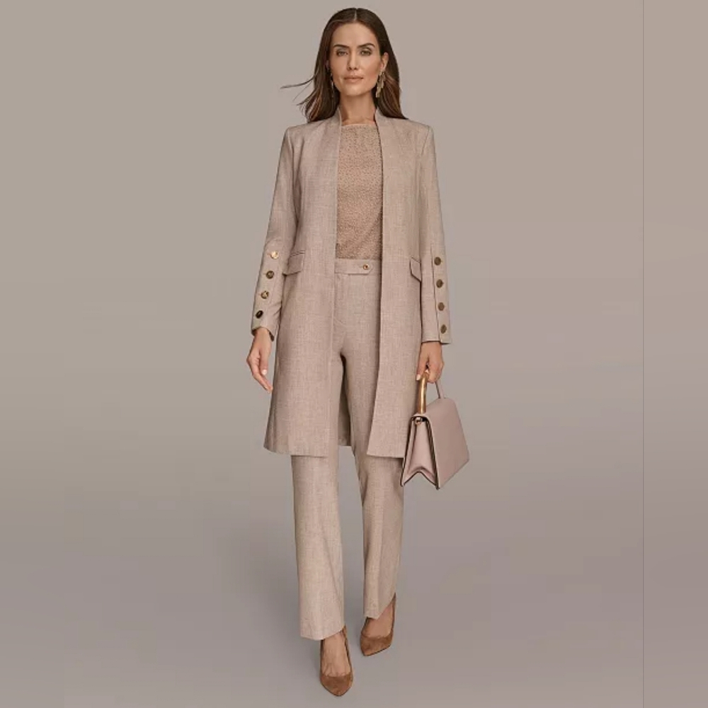 Donna Karan New York Open Front Long Blazer  Beige Taupe Jacket Coat Size 2